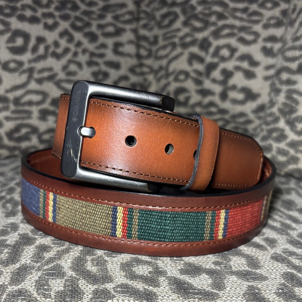 Columbia wide leather belt with Guatemalan fabric inlay bohemian boho belt LG.